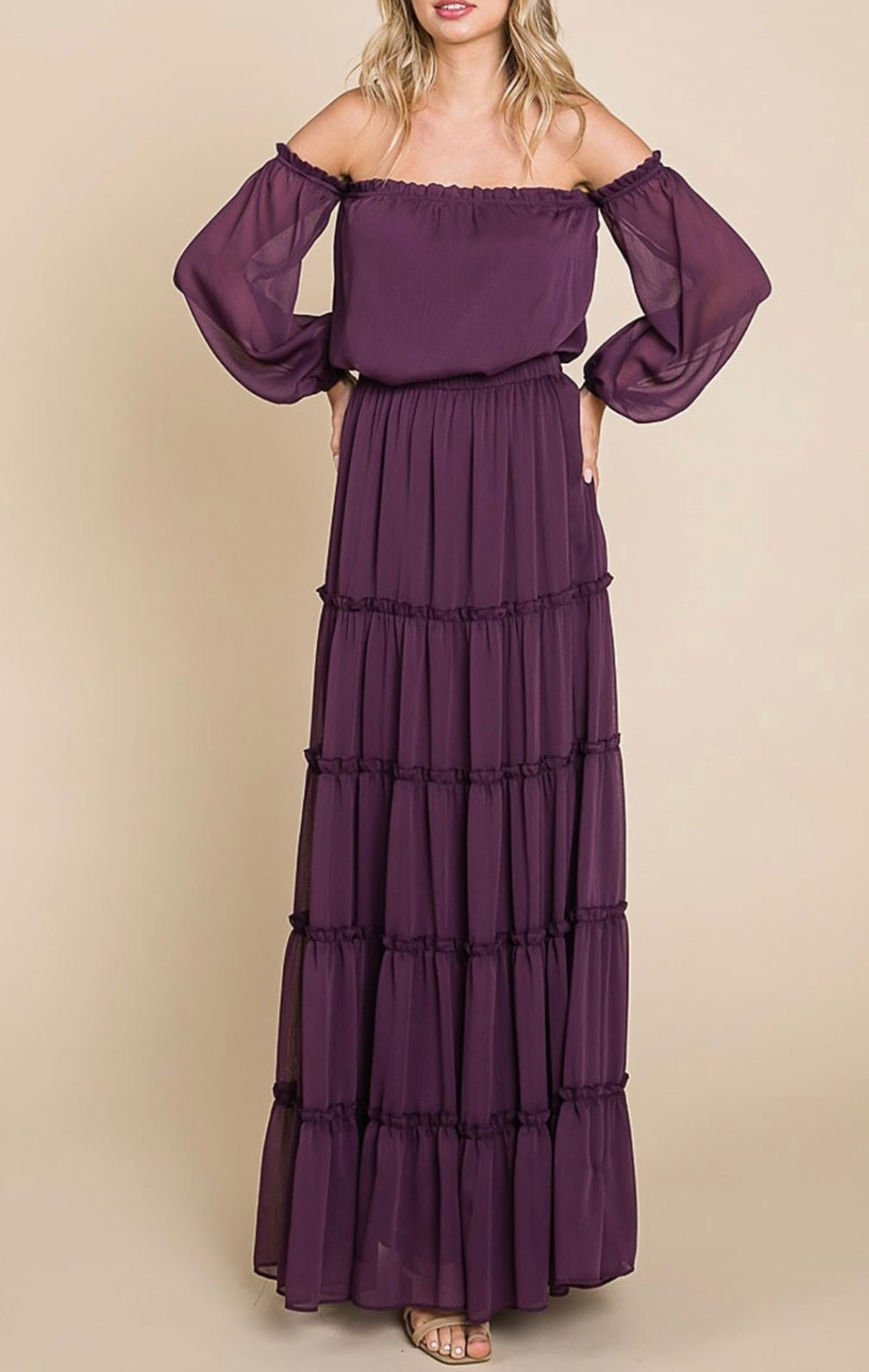Morado Maxi Dress: Ethereal Elegance, Effortless off-shoulder neckline, True to size 🌟 - Bella Boutique & Bellasbylola.com