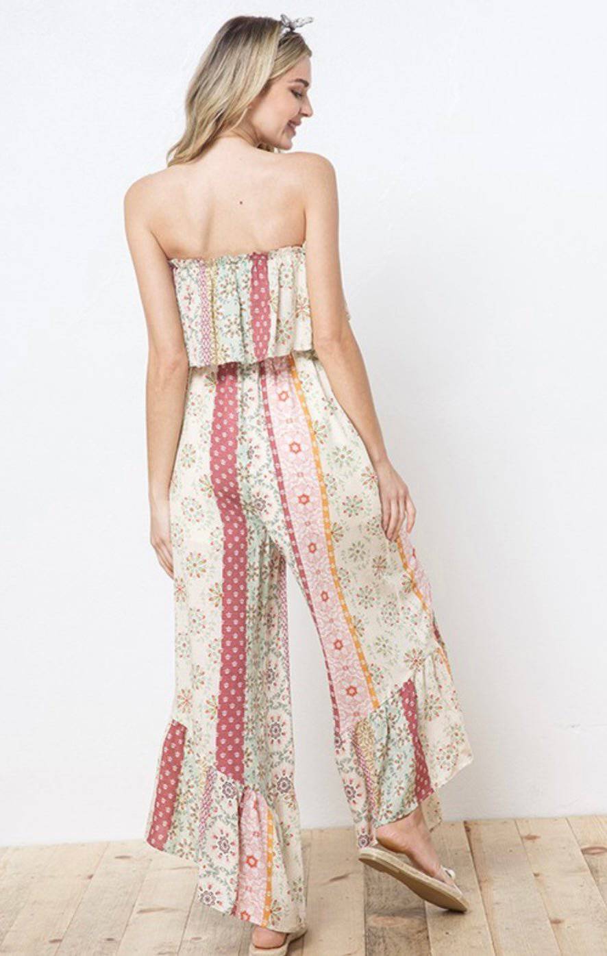 Jacquard Patch Print Tube Jumpsuit - Wide Legs & Elastic Waist - Bella Boutique & Bellasbylola.com