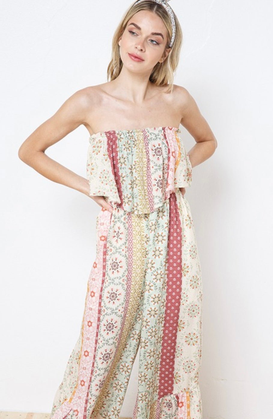 Jacquard Patch Print Tube Jumpsuit - Wide Legs & Elastic Waist - Bella Boutique & Bellasbylola.com