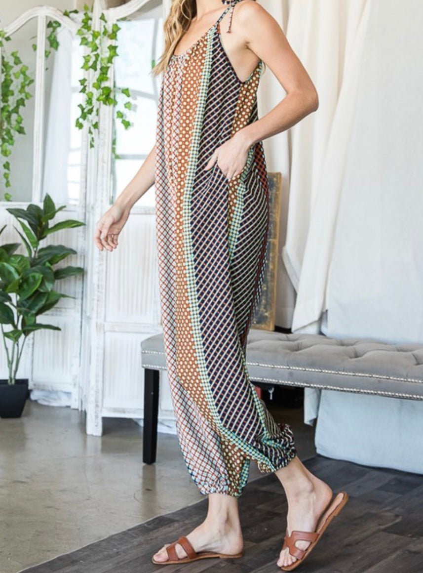 Geo Print Draped Jumpsuit with Adjustable Straps - Size Down Styler - Bella Boutique & Bellasbylola.com