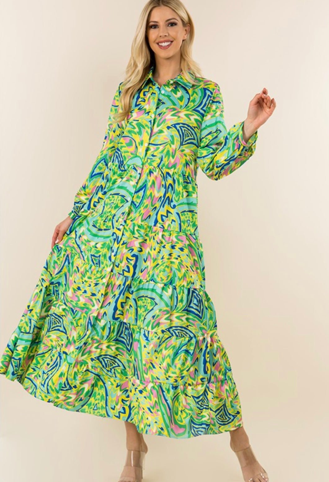 Multi Green Maxi Long Sleeve Shirt Dress - Bella Boutique & Bellasbylola.com