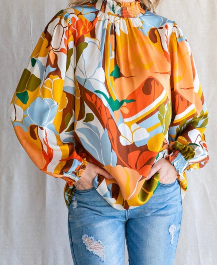 Timeless Style Mustard Mix Top with Smocked Neck & Peasant Sleeves - Bella Boutique & Bellasbylola.com