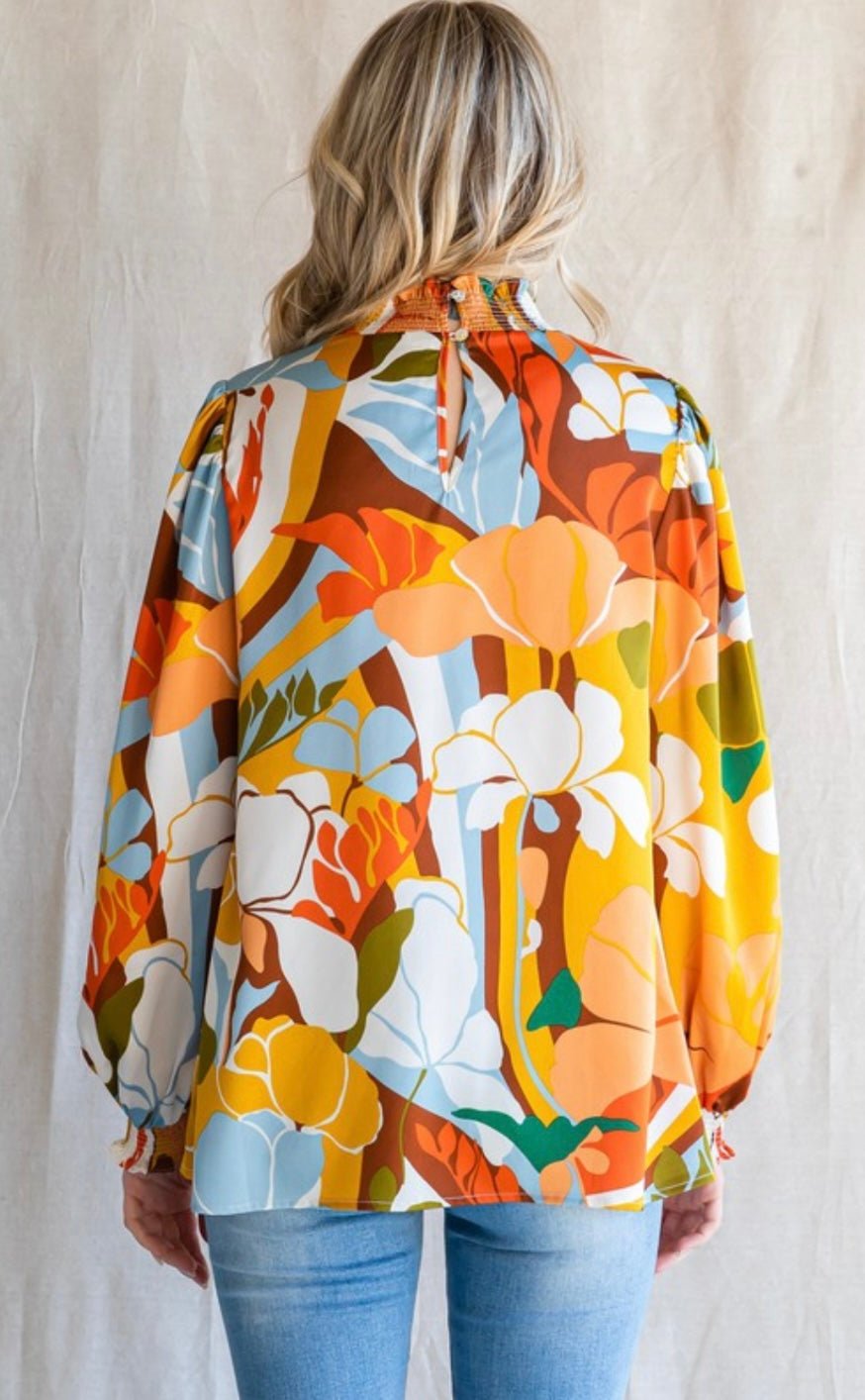 Timeless Style Mustard Mix Top with Smocked Neck & Peasant Sleeves - Bella Boutique & Bellasbylola.com