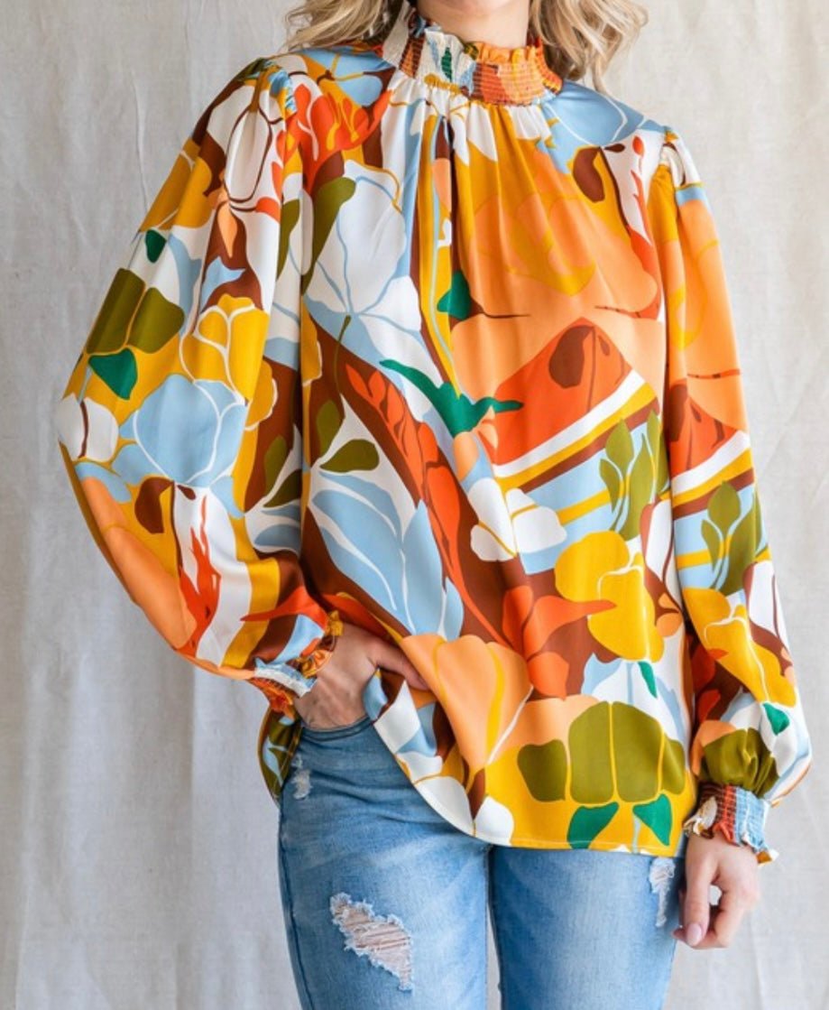 Timeless Style Mustard Mix Top with Smocked Neck & Peasant Sleeves - Bella Boutique & Bellasbylola.com