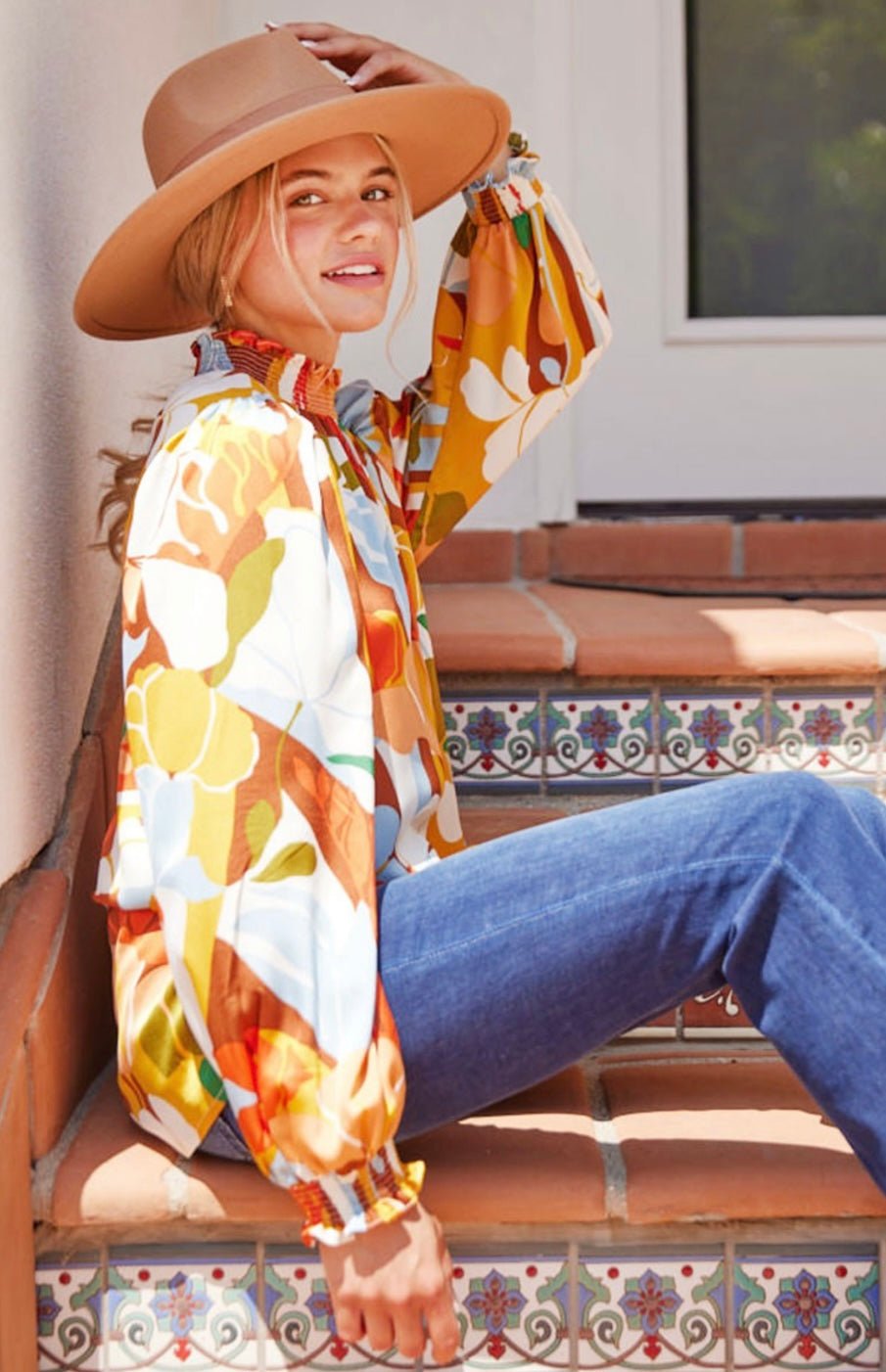 Timeless Style Mustard Mix Top with Smocked Neck & Peasant Sleeves - Bella Boutique & Bellasbylola.com