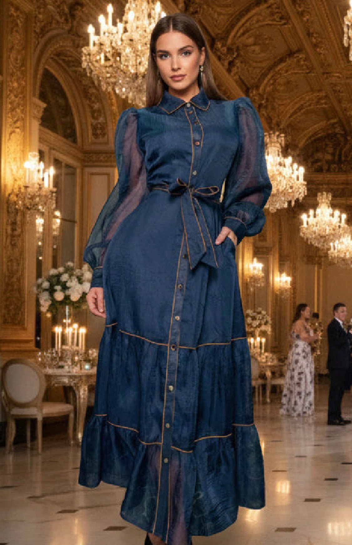 Navy Blue Sheer button down long cuff sleeves long dress with belt - Bella & Bellasbylola.com