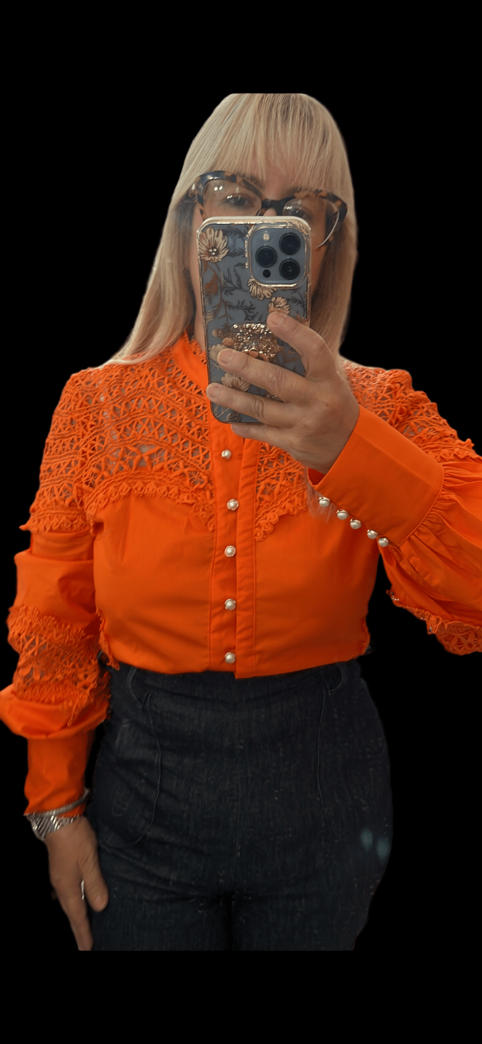Orange Lace Blouse - Elegant, Sophisticated, Timeless Design with Small Sleeve Damage - Bella Boutique & Bellasbylola.com