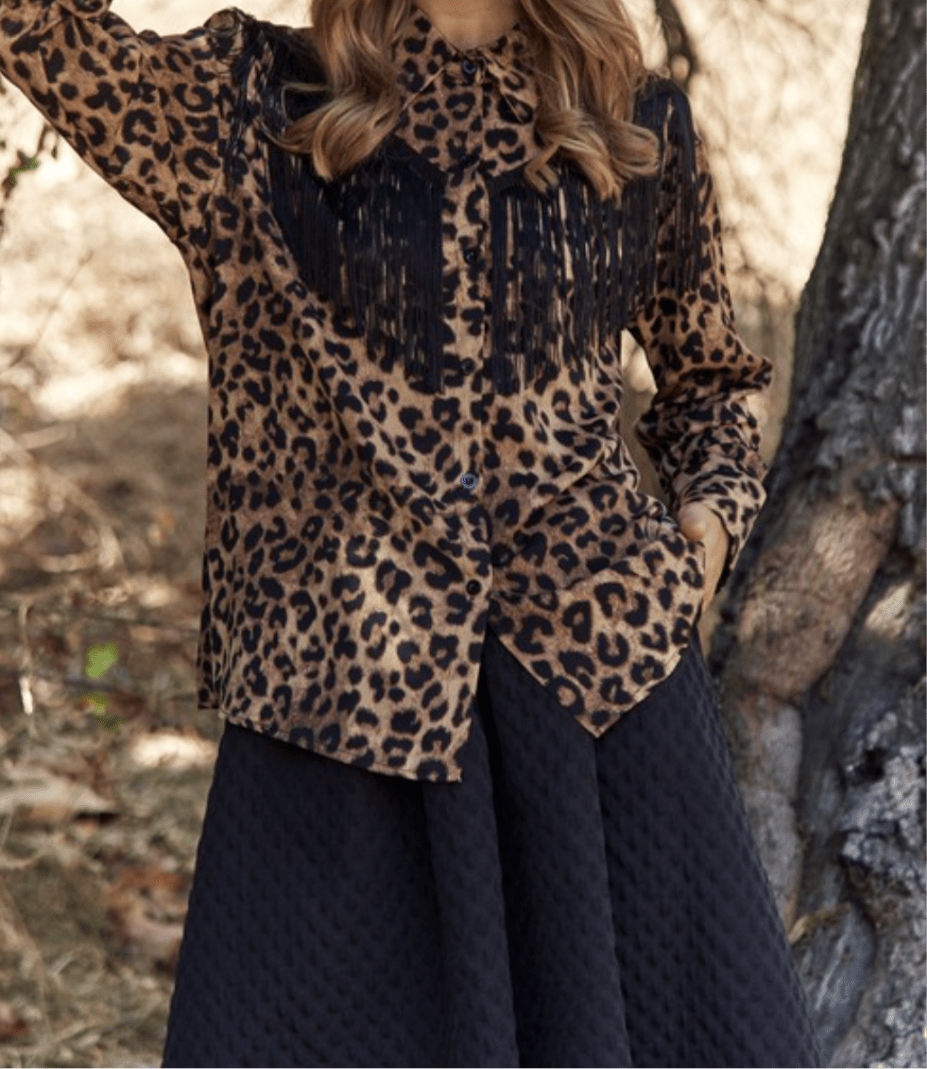 Oversized Western Fringe Animal Print Long Sleeve Satin Blouse - Bella Boutique & Bellasbylola.com