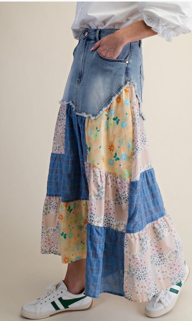 PATCHWORK PRINTED DENIM MAXI SKIRT - Bella & Bellasbylola.com