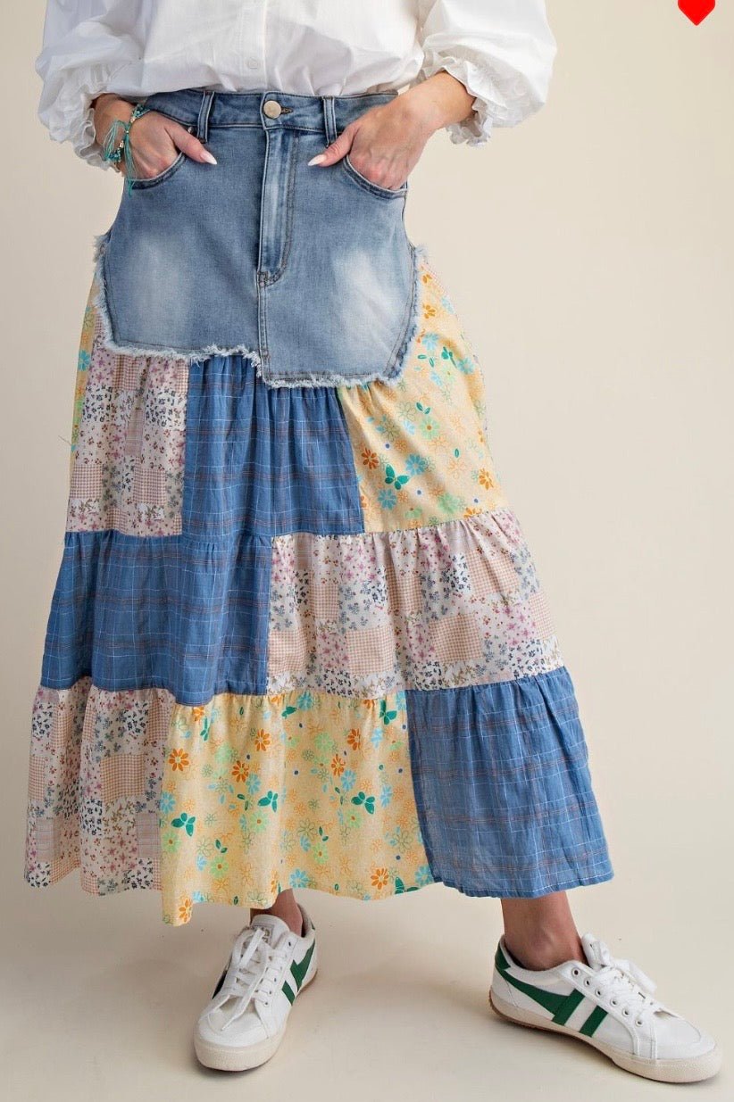 PATCHWORK PRINTED DENIM MAXI SKIRT - Bella & Bellasbylola.com