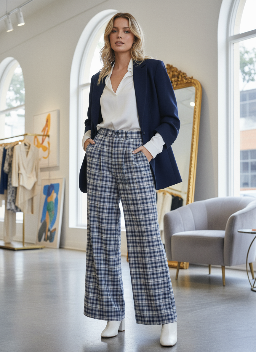 Plaid Button-Zip Wide Pants with Pockets & Elastic Waistband