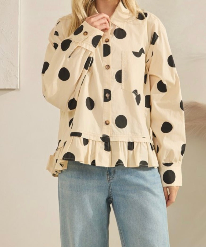 Polka Dot Ruffle Hem Long Sleeve blouse - Bella Boutique & Bellasbylola.com