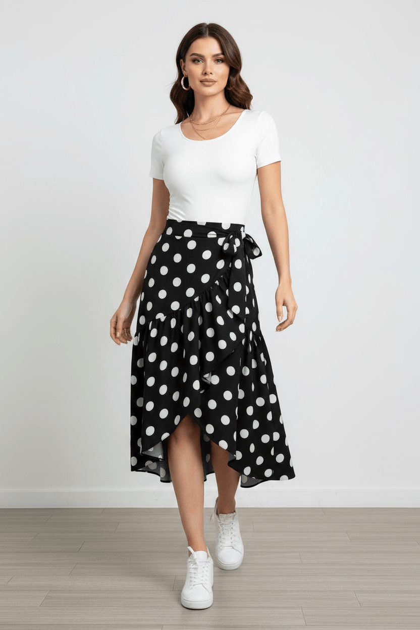Polka Dots Chic Black Wrap Around Skirt - BELLASBYLOLA.COM