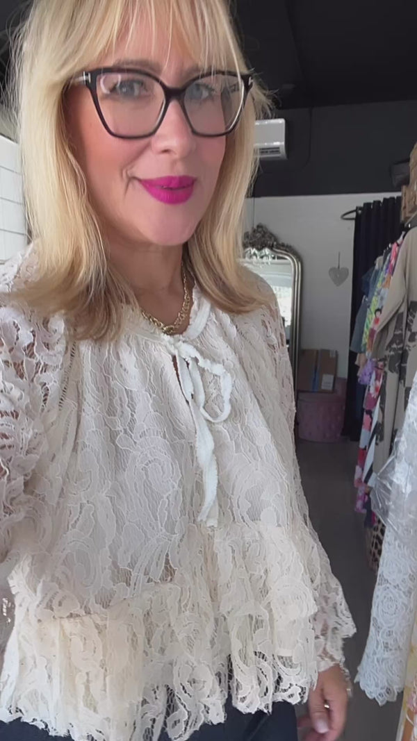Lace Bell Sleeve Ruffle Blouse