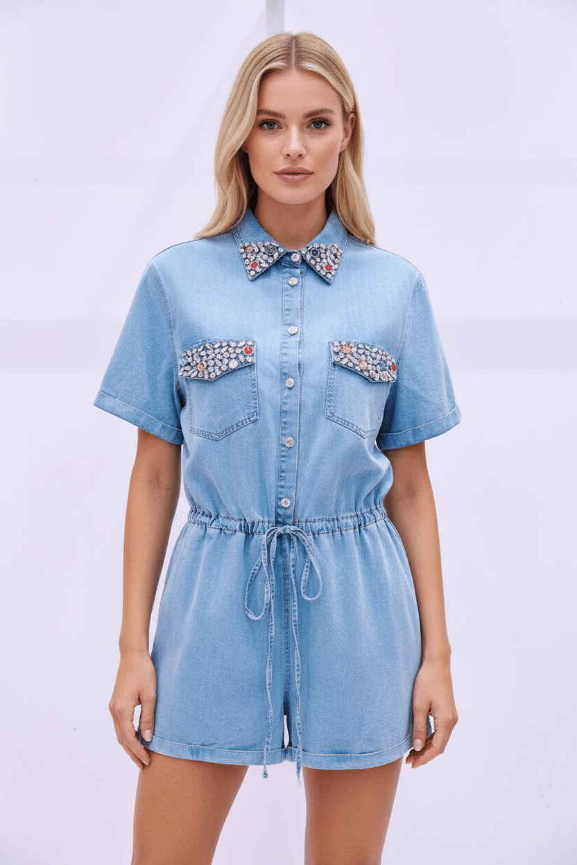 Rhinestone Faux - Denim Romper: Sparkle and Shine Day or Night!✨ - Bella Boutique & Bellasbylola.com