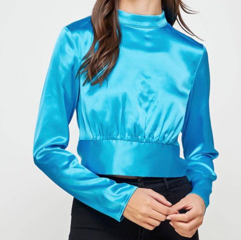 Daring Adventure Satin Blouse: Mock Neck, Shirred Waist, Cropped, Back Bow Tie - Bella Boutique & Bellasbylola.com