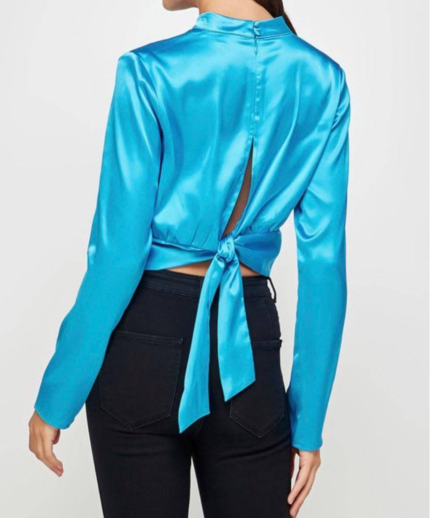Daring Adventure Satin Blouse: Mock Neck, Shirred Waist, Cropped, Back Bow Tie - Bella Boutique & Bellasbylola.com