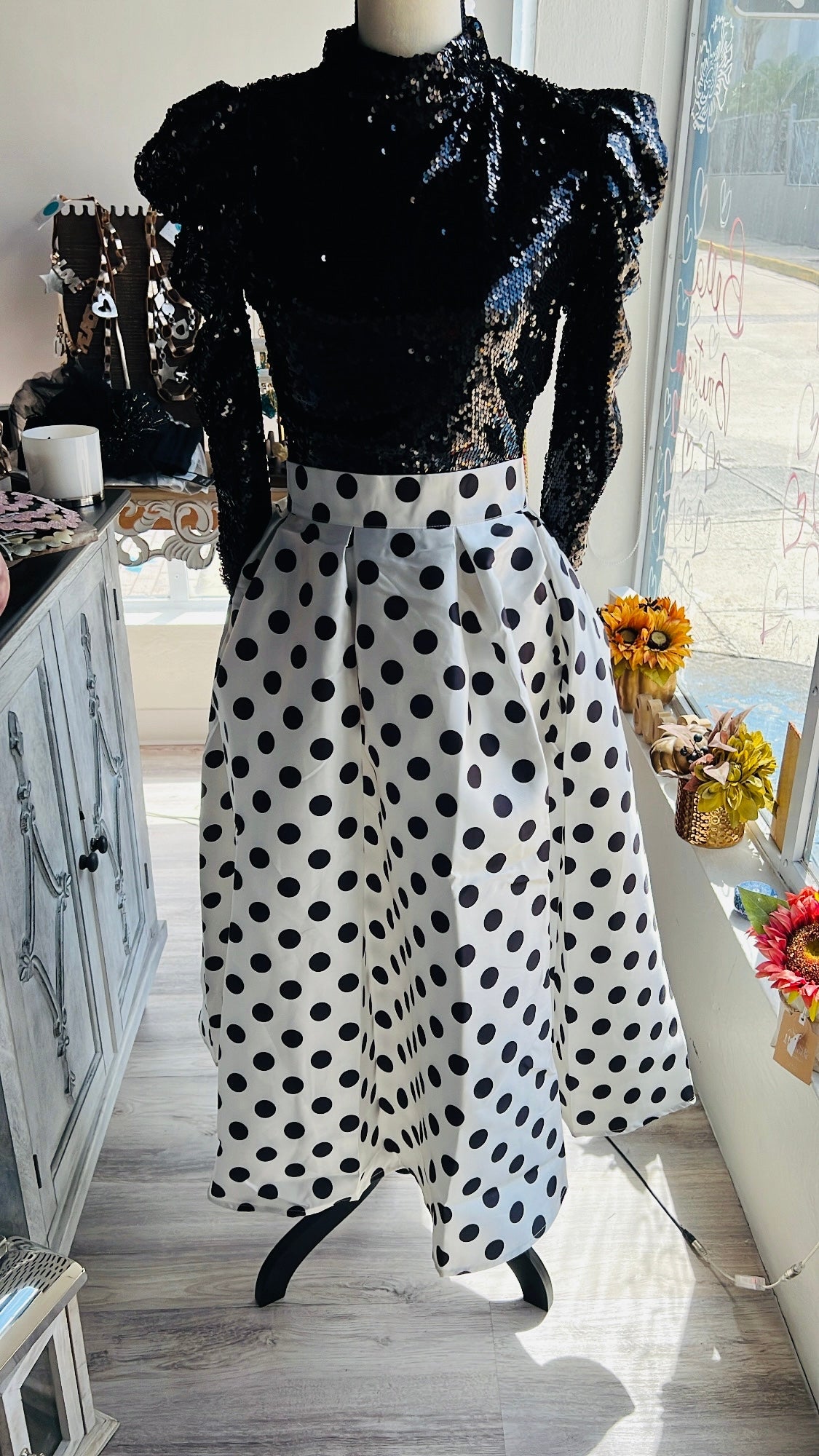 Black Sequin Puff Sleeve Mock Neck Top with Zipper Closure - Bella Boutique & Bellasbylola.com