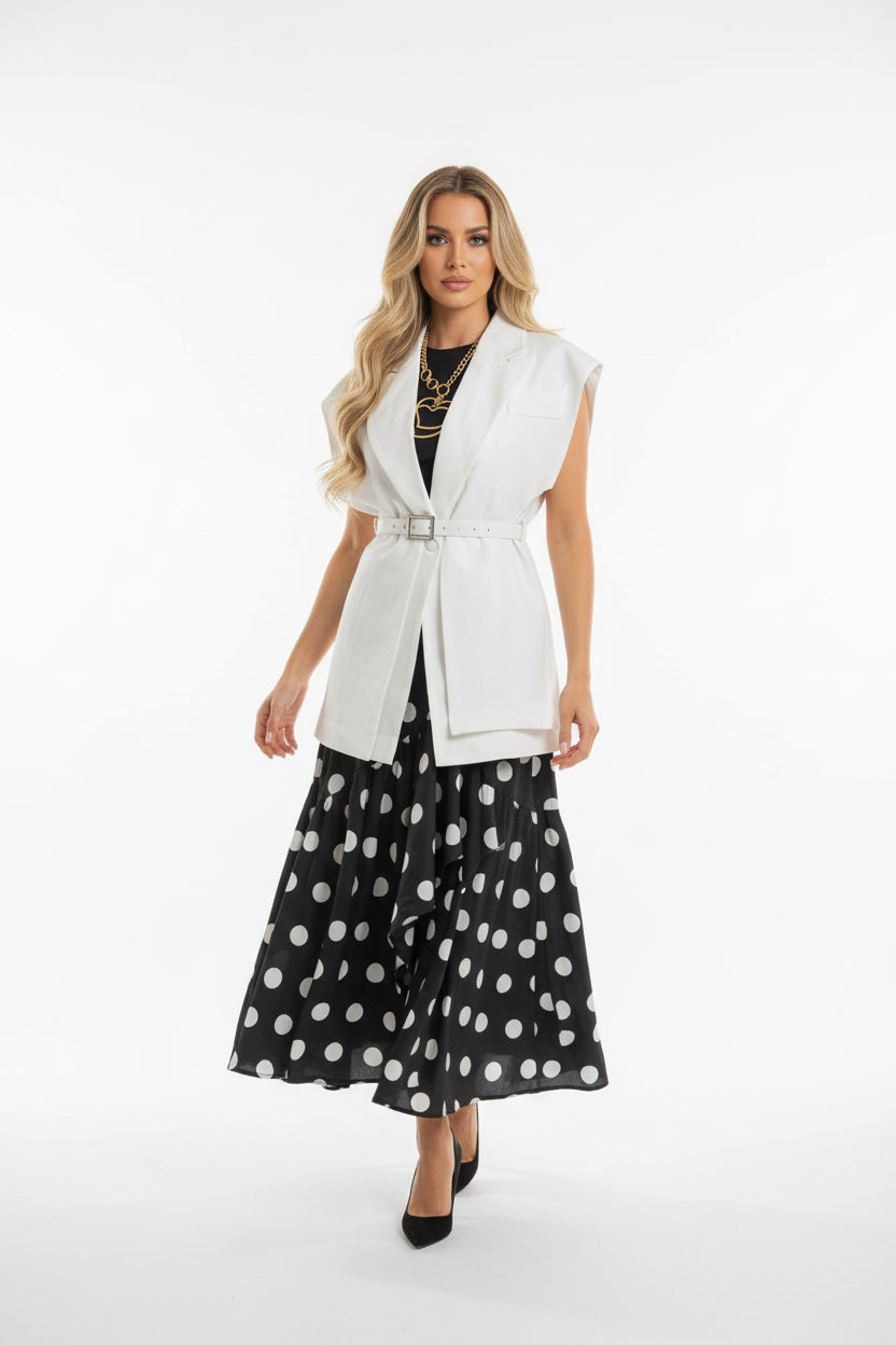 SLEEVELESS BELTED WAIST JACKET WHITE - Bella Boutique & Bellasbylola.com