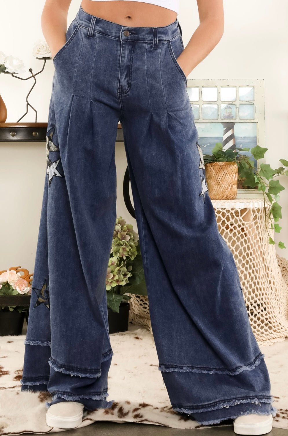 Star Light Denim Pants - Unique Washed Star Patch Design, Wide Cut and Raw Edge Hem 🌟 - Bella Boutique & Bellasbylola.com