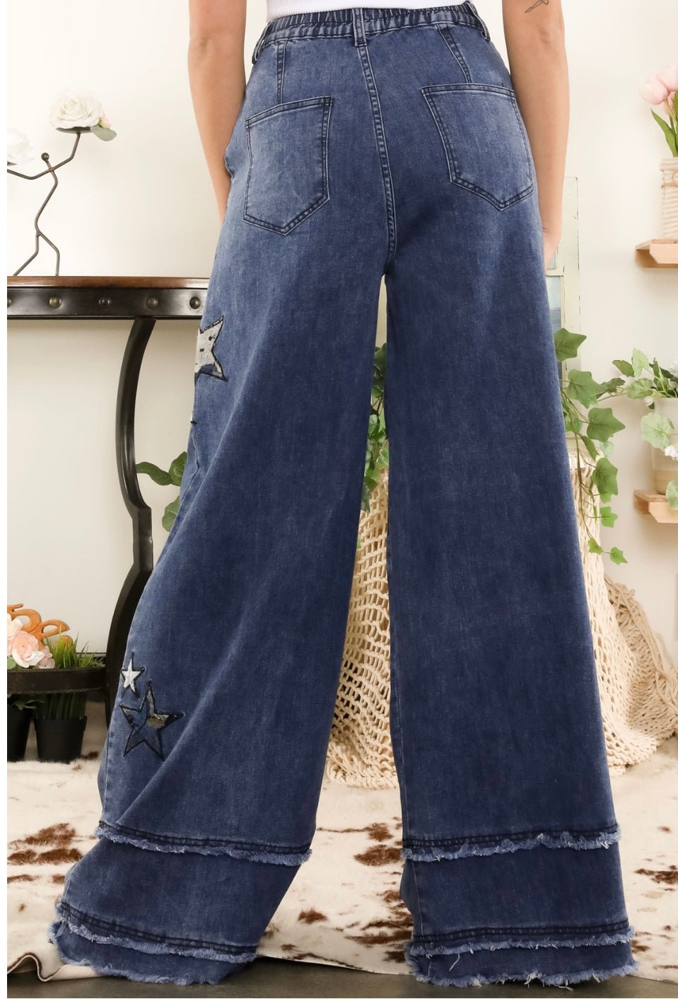 Star Light Denim Pants - Unique Washed Star Patch Design, Wide Cut and Raw Edge Hem  🌟 - Bella Boutique & Bellasbylola.com