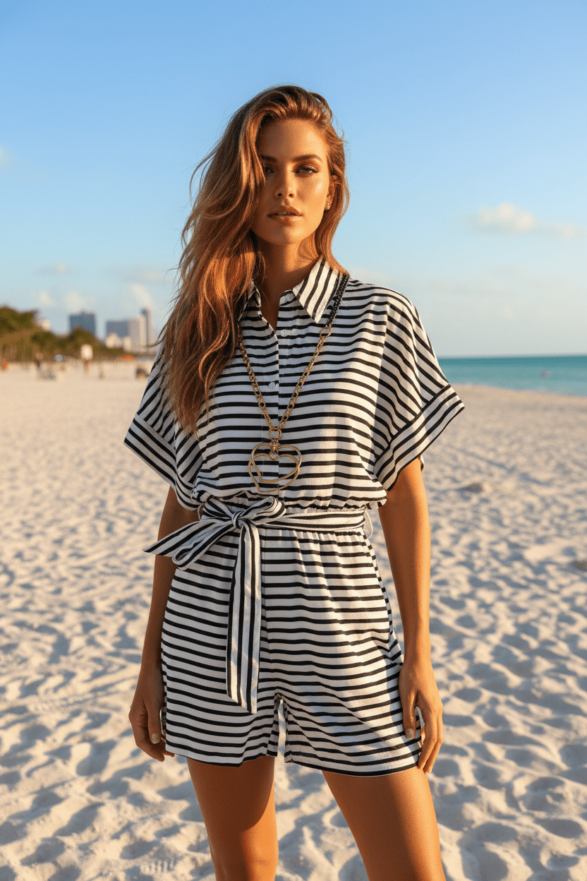 Striped Wide Sleeve Oversized Romper - True to Size - Bella & Bellasbylola.com