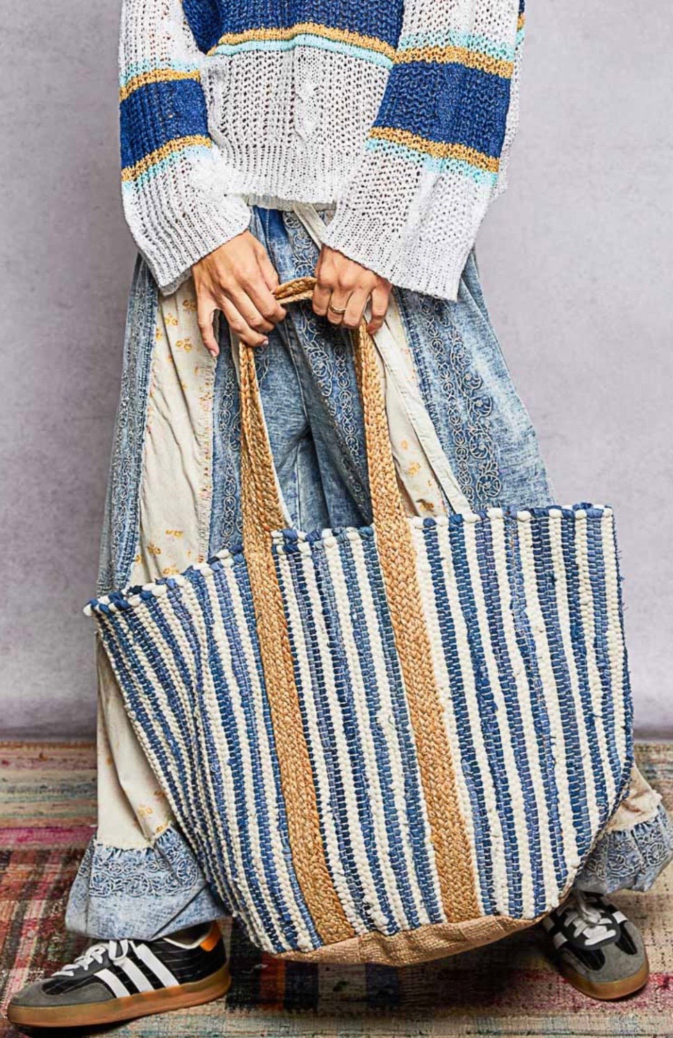 Stripes Denim Big Tote Bag - Bella Boutique & Bellasbylola.com