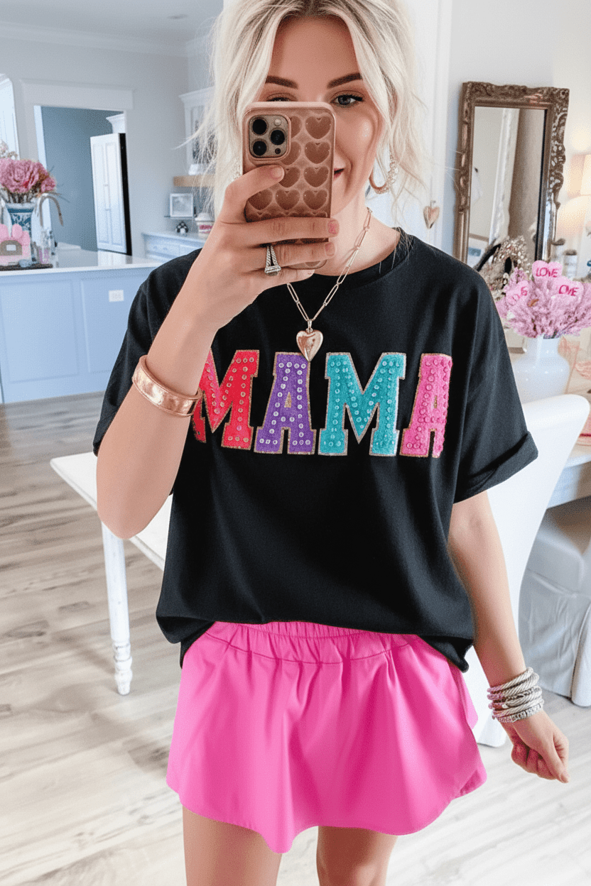 Stylish Mom letters Tunic Shirt - Black - Bella & Bellasbylola.com
