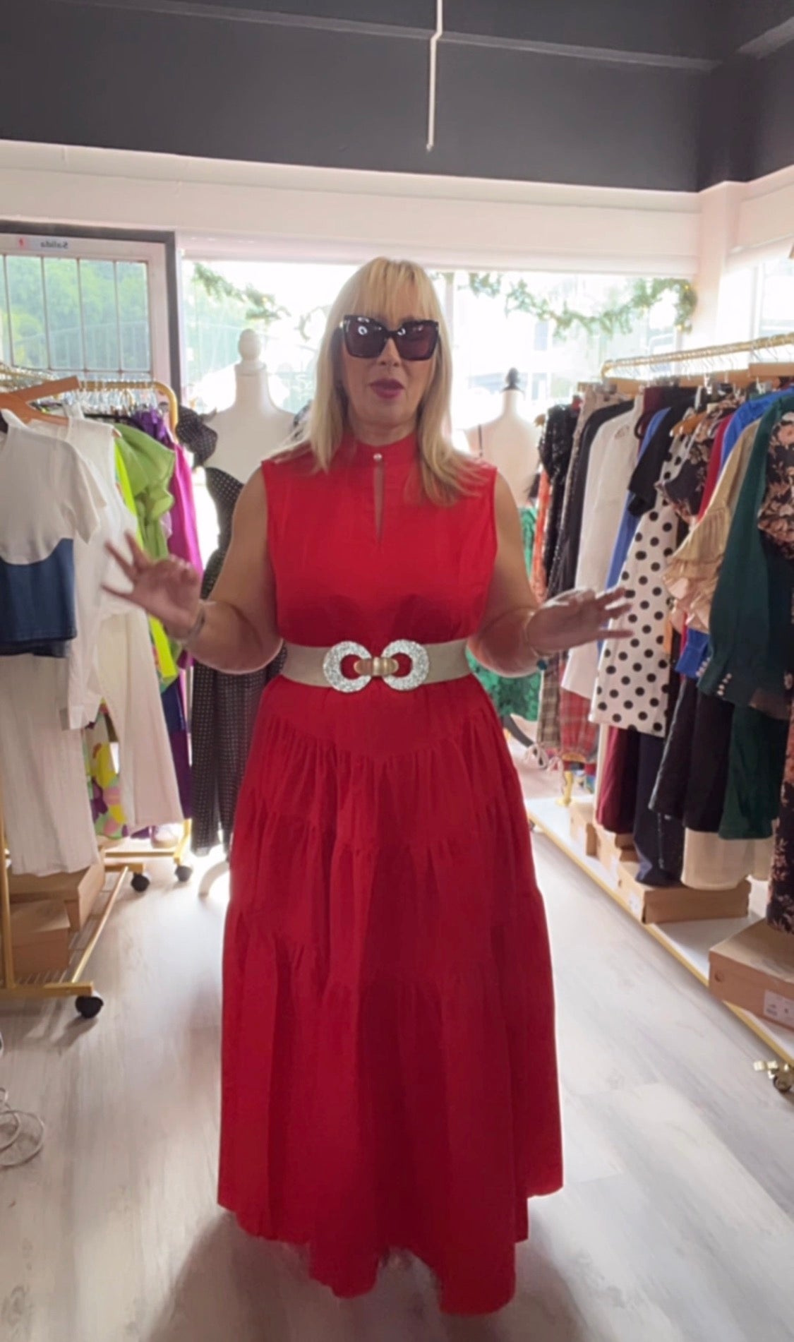 Versatile Virginia Dress: Stand collar, self - tie belt, tiered design, and flattering fit! - Bella Boutique & Bellasbylola.com