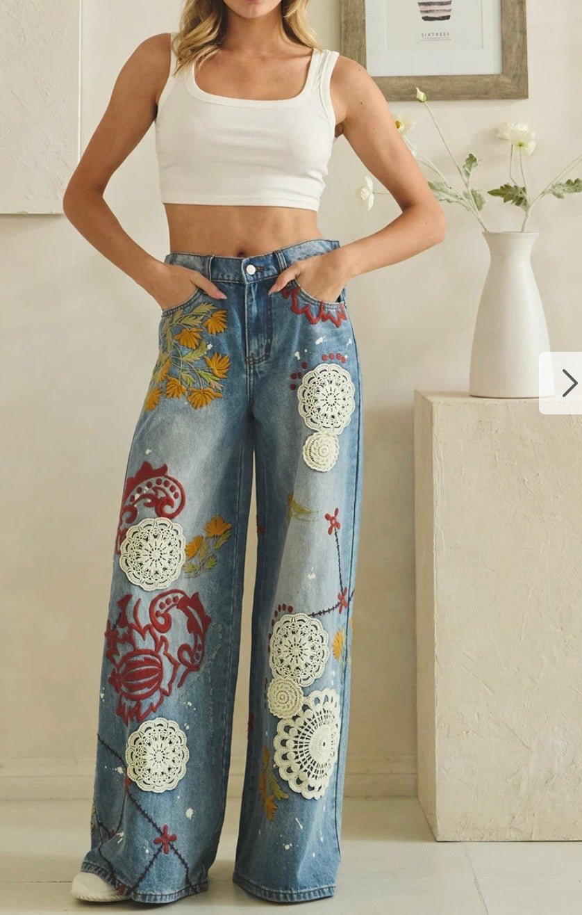 WASHED EMBROIDERY WIDE LEG DENIM PANTS - PREORDER - BELLASBYLOLA.COM