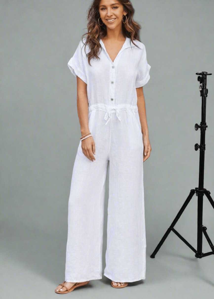 White Linen Jumpsuit: Chic, Flattering, Luxurious 100% Linen Wide Leg Cuffed Bodysuit with Belt Tie - Bellasbylola.com