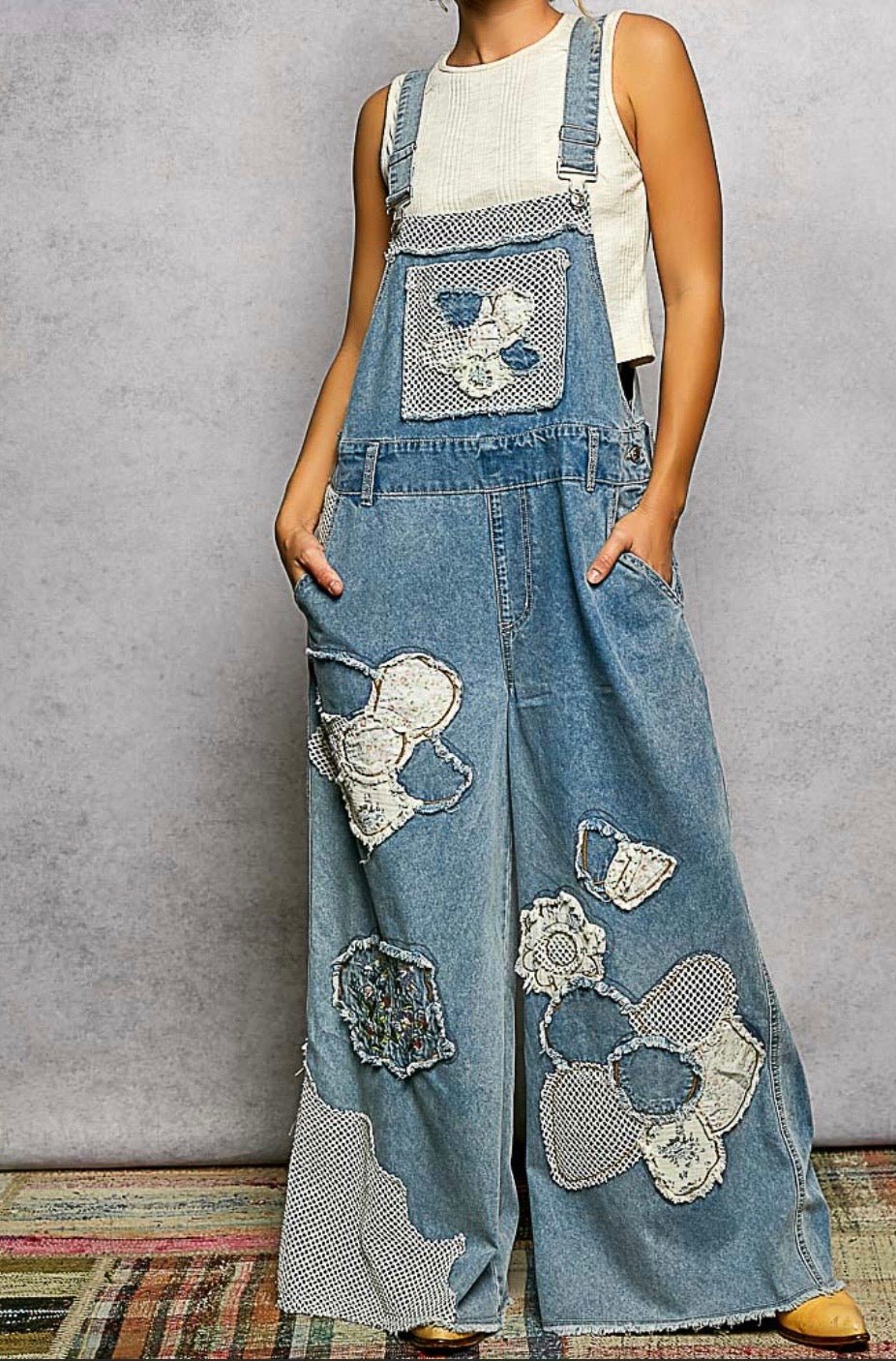 Wide Leg Denim Overall with crochet - Bella Boutique & Bellasbylola.com