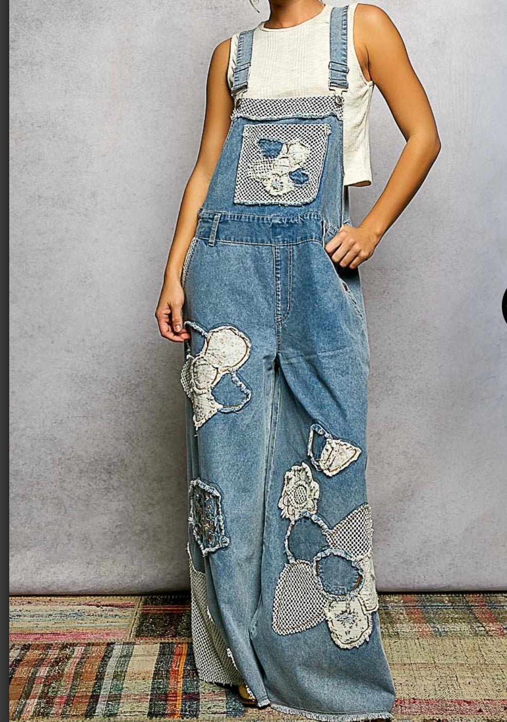 Wide Leg Denim Overall with crochet - Bella Boutique & Bellasbylola.com