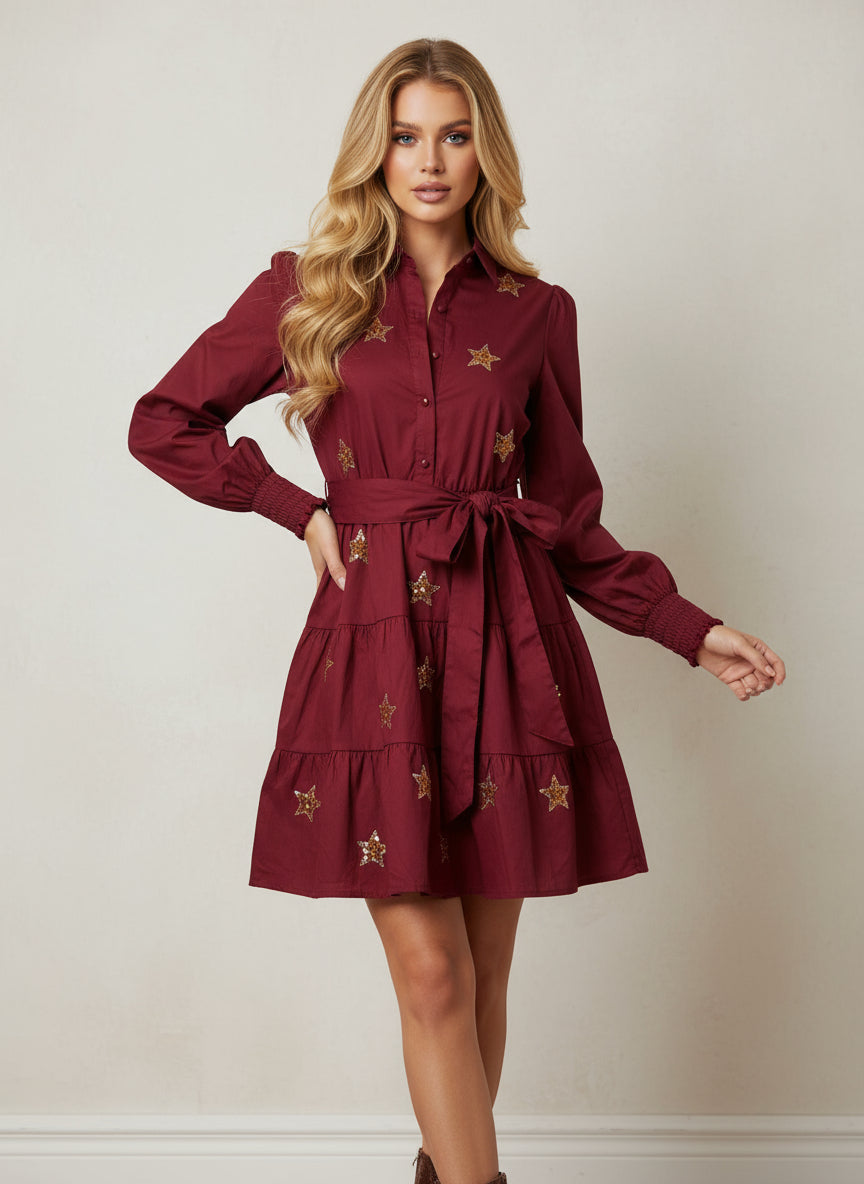 Wine Gold Star Appliqué Mini Dress - Bella Boutique & Bellasbylola.com