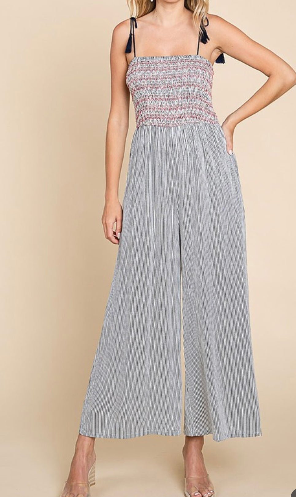 Timeless Luxury: Zig Zag Jumpsuit with Classic Smocking Stripe Pattern - Bella Boutique & Bellasbylola.com