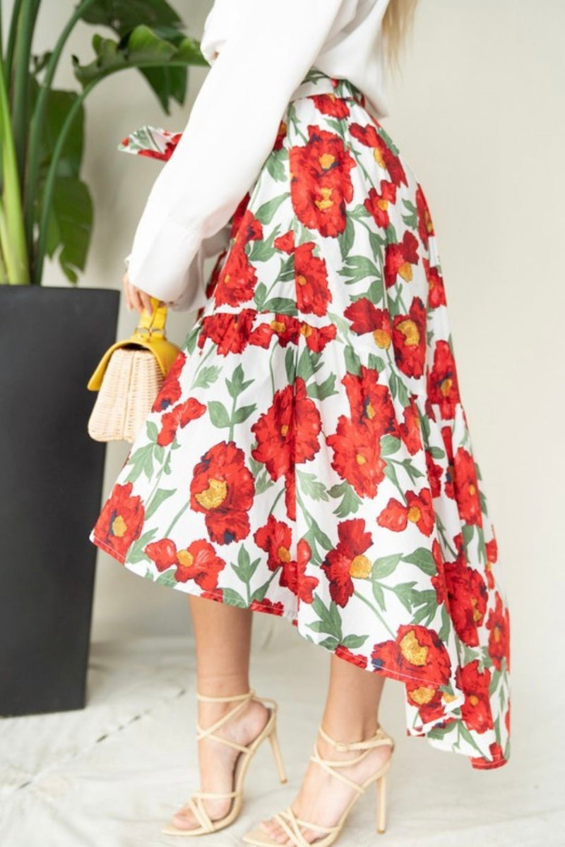 Alexandra Asymmetrical Skirt - Red Flowers - Bellasbylola.com