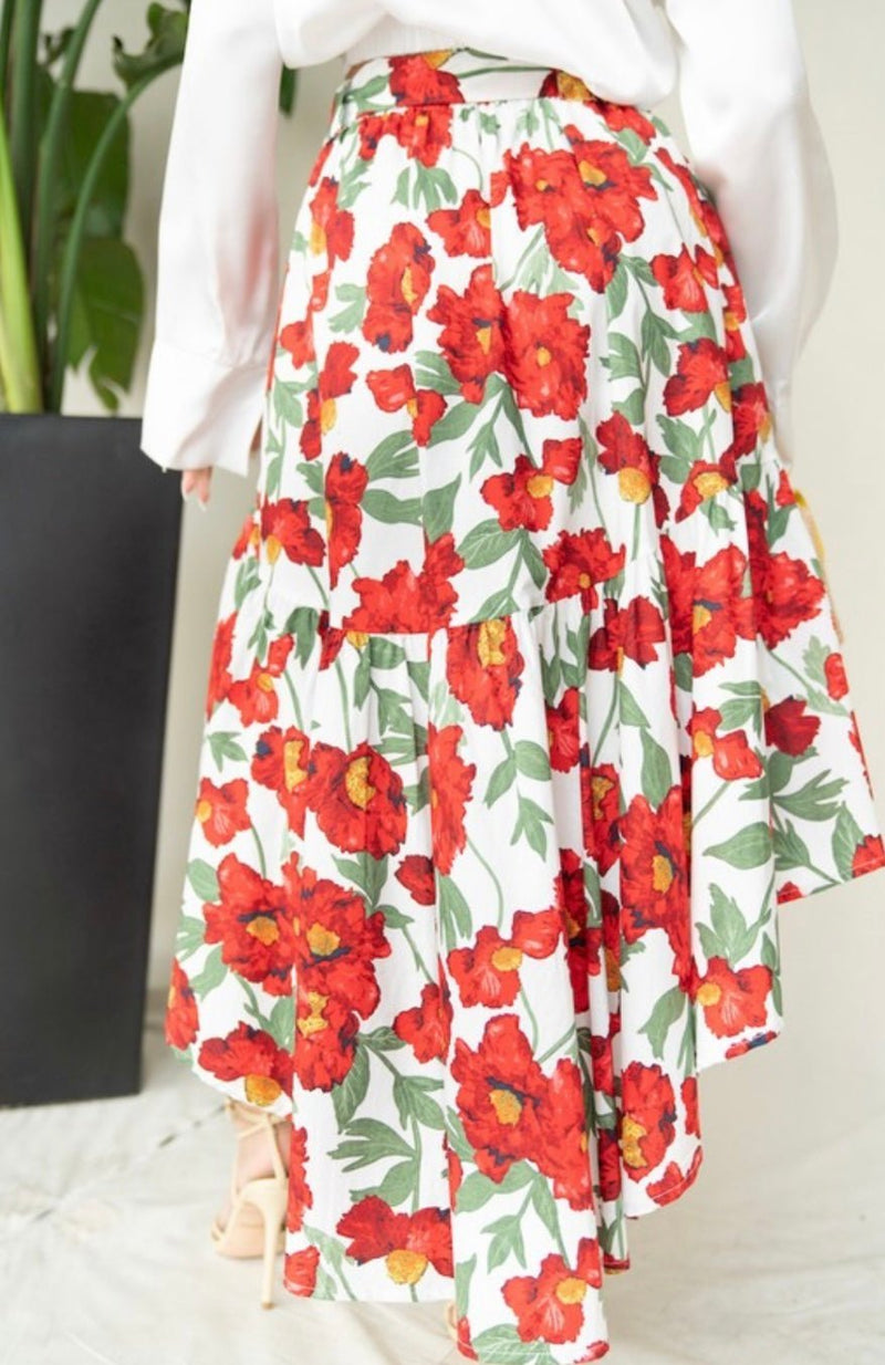 Alexandra Asymmetrical Skirt - Red Flowers - Bellasbylola.com