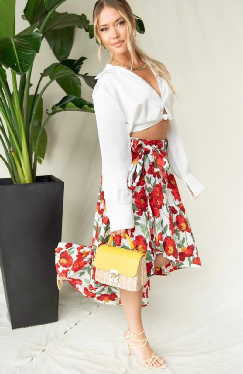 Alexandra Asymmetrical Skirt - Red Flowers - Bellasbylola.com