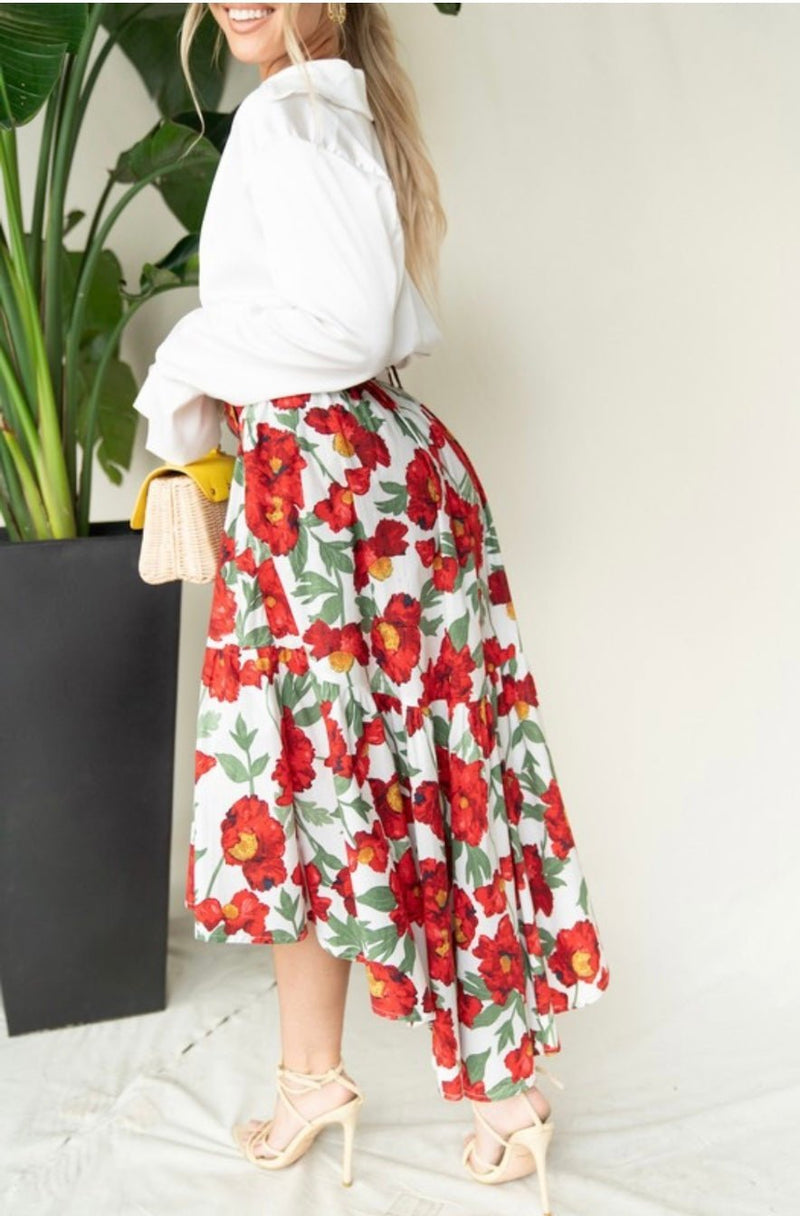 Alexandra Asymmetrical Skirt - Red Flowers - Bellasbylola.com