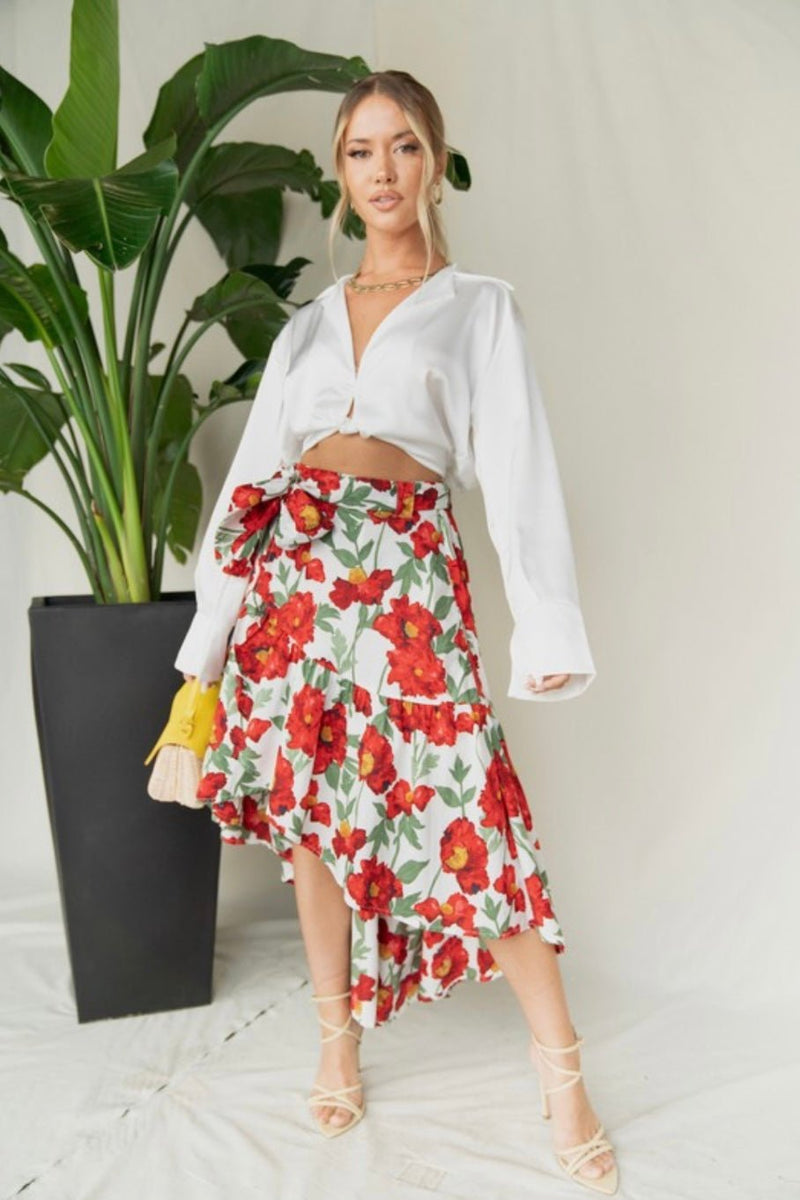 Alexandra Asymmetrical Skirt - Red Flowers - Bellasbylola.com